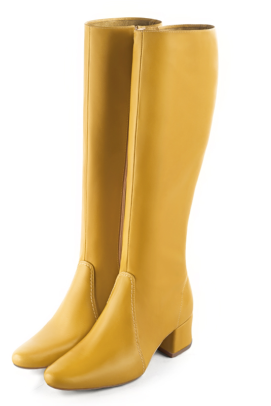 Mustard yellow women's feminine knee-high boots. Round toe. Low flare heels. Made to measure. Front view - Florence KOOIJMAN